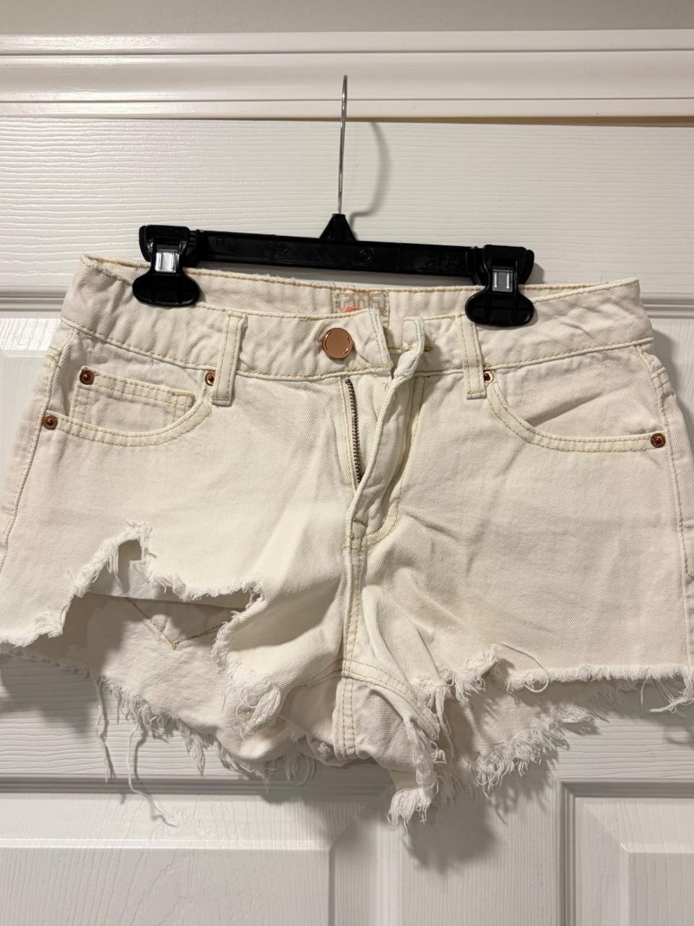High-Rise Cream Distressed Denim Cutoff Shorts